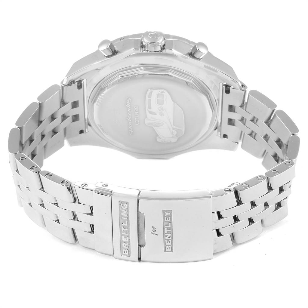 This image shows the back view of a Breitling Bentley A26364 Men
s Stainless Steel Black Dial A26364 Men
s Stainless Steel Black Dial model watch, highlighting the bracelet and engraved case back.