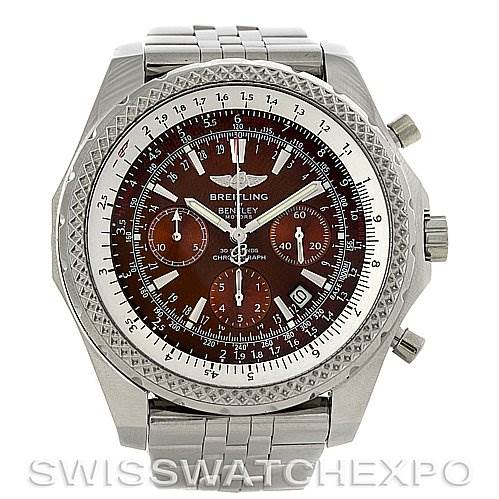 This image shows a Breitling Bentley A2536212-Q502 Men's Stainless Steel Brown Dial A2536212-Q502 Men's Stainless Steel Brown Dial watch featuring a brown dial, bezel, and silver bracelet in a front-facing view.