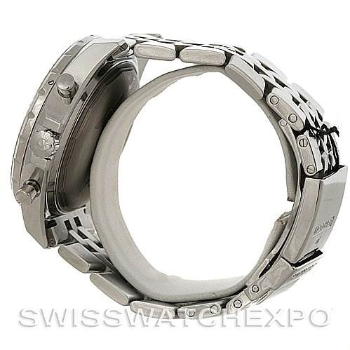 The image shows a side view of a Bentley model watch by Breitling, highlighting the side case and metal bracelet.