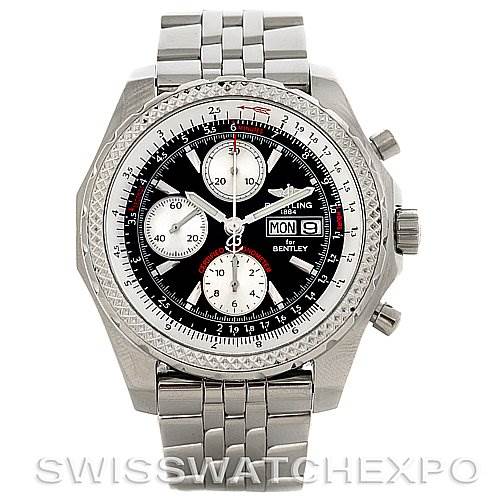 The image shows a front view of a Breitling Bentley A1336212/B724 Men's Stainless Steel Black Dial A1336212/B724 Men's Stainless Steel Black Dial model watch, displaying the face, bezel, pushers, and bracelet.