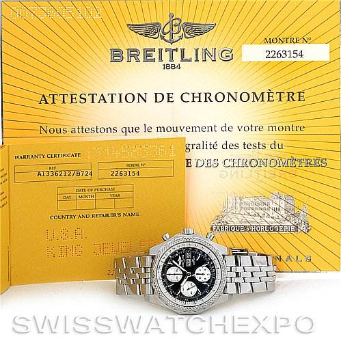 The image shows a Breitling Bentley A1336212/B724 Men's Stainless Steel Black Dial A1336212/B724 Men's Stainless Steel Black Dial model watch laid flat with its warranty certificate and chronometer attestation document displayed behind it.