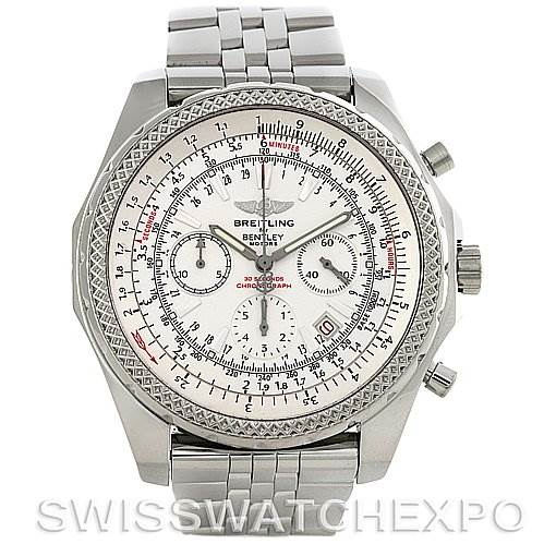 This image shows a front angle of a Breitling Bentley A2536212/G552 Men
s Stainless Steel Silver Dial A2536212/G552 Men
s Stainless Steel Silver Dial model watch, featuring the face, bezel, pushers, crown, and metal bracelet.