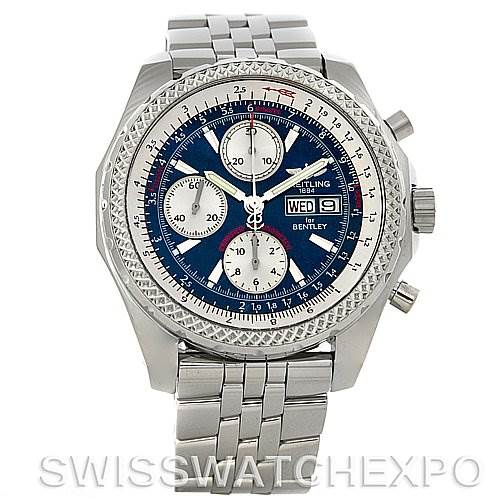 The image shows a front angle of the Breitling Bentley A1336212 Men's Stainless Steel Blue Dial A1336212 Men's Stainless Steel Blue Dial model watch, highlighting its dial, bezel, and bracelet.