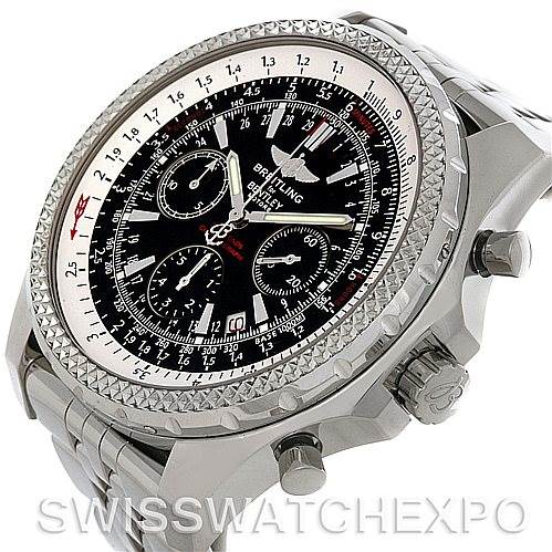 This image shows a Breitling watch, not a Rolex Submariner A25362 Men's Steel and Gold (two tone) Black Dial A25362 Men's Steel and Gold (two tone) Black Dial, at an oblique angle highlighting the dial, bezel, and side buttons.