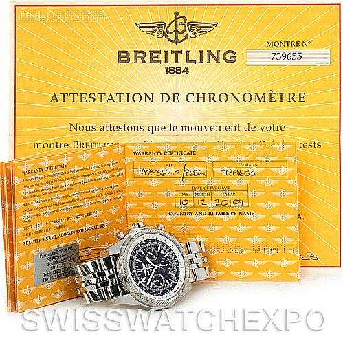 The image shows a Breitling watch with its warranty certificate and chronometer attestation document.