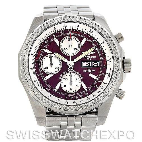 The image shows a front view of a Breitling Bentley A1336212 Men's Stainless Steel Blue Dial A1336212 Men's Stainless Steel Blue Dial model watch, highlighting the dial, bezel, crown, and stainless steel bracelet.