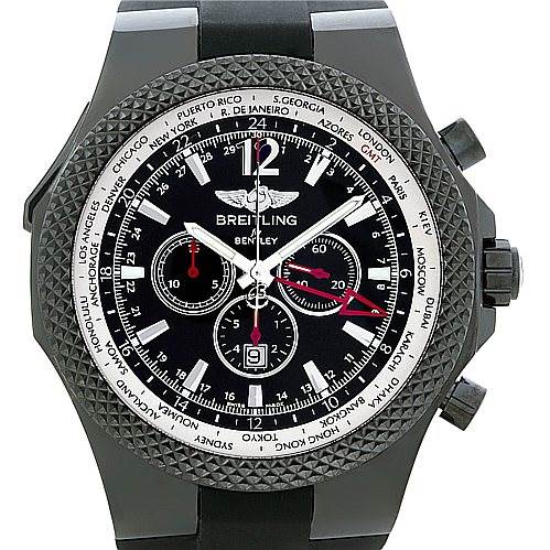 The image shows a front view of the Breitling Bentley M47362 Men's Stainless Steel Black Dial M47362 Men's Stainless Steel Black Dial watch, highlighting the bezel, dial, hands, and subdials.