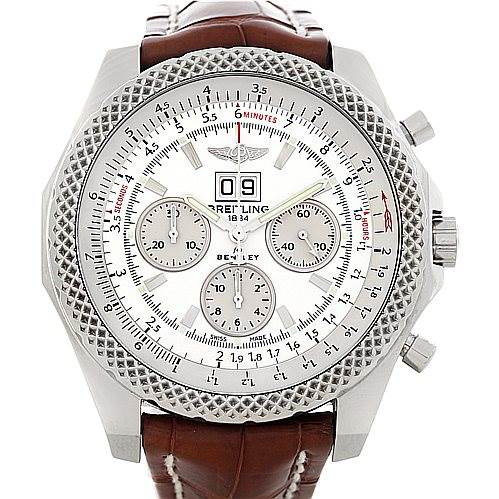 The image shows a front view of the Breitling Bentley watch, highlighting its dial, bezel, subdials, and brown leather strap.