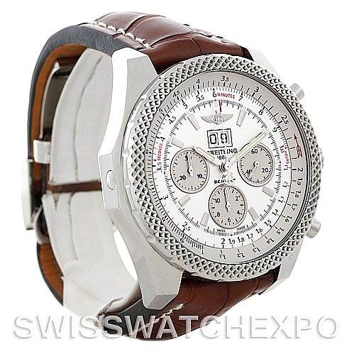 The image shows a side angle of the Breitling Bentley A44364 Men's Stainless Steel Silver Dial A44364 Men's Stainless Steel Silver Dial watch, highlighting its bezel, dials, and leather strap.