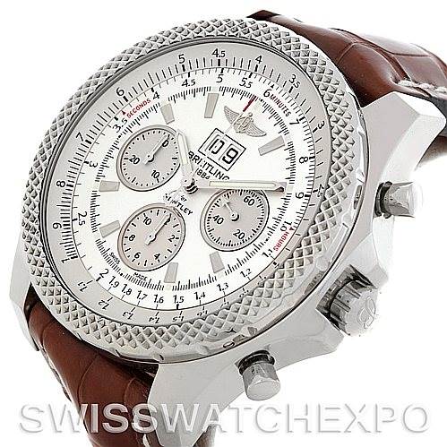 This image shows a Bentley model by Breitling from a slight side angle, highlighting the dial, bezel, crown, and leather strap.