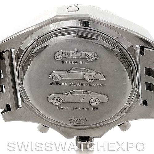 This image shows the case back of a Bentley model by Breitling, featuring engravings of three Bentley car models.