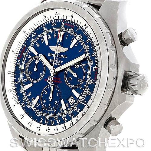 This image shows a close-up, angled view of the Breitling Bentley A25363 Men's Stainless Steel Blue Dial A25363 Men's Stainless Steel Blue Dial watch, highlighting the dial, bezel, pushers, and crown.