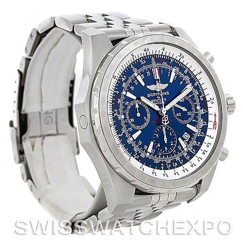 The image shows a side angle of the Bentley model by Breitling, highlighting the dial, bezel, and part of the bracelet.