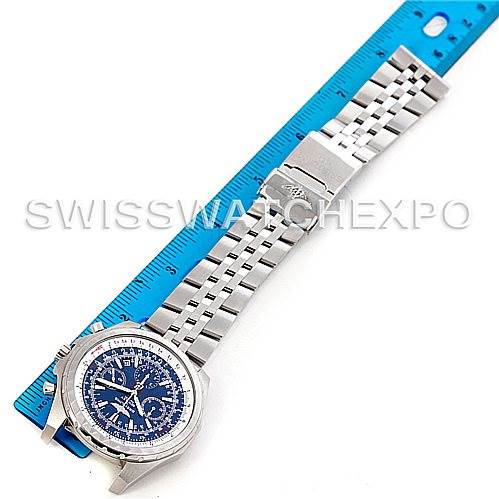 The Breitling Bentley A25363 Men's Stainless Steel Blue Dial A25363 Men's Stainless Steel Blue Dial watch is shown at an angled top-down view with its bracelet fully extended next to a blue ruler.