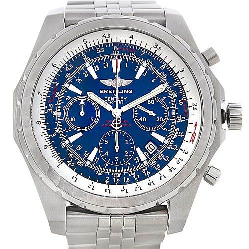 The image shows a front view of the Breitling Bentley A25363 Men's Stainless Steel Blue Dial A25363 Men's Stainless Steel Blue Dial watch, displaying the watch face, bezel, and bracelet.