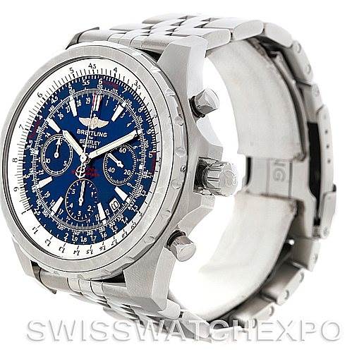 The image shows a side view angle of a Breitling Bentley A25363 Men's Stainless Steel Blue Dial A25363 Men's Stainless Steel Blue Dial watch, focusing on the case, bezel, crown, and bracelet.