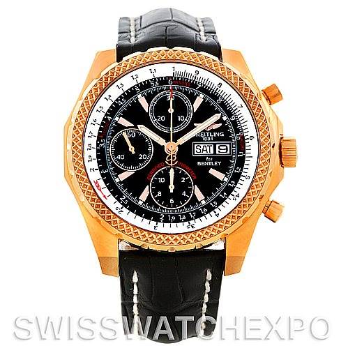 The image shows a front view of a Breitling Bentley H13353 Men's Rose Gold Black Dial H13353 Men's Rose Gold Black Dial model watch, including its black strap, gold casing, and detailed black dial with chronograph features.