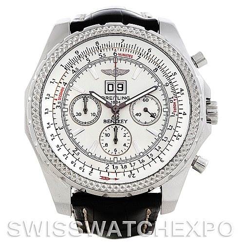 The image shows the front view of a Breitling Bentley A44362 Men's Stainless Steel Silver Dial A44362 Men's Stainless Steel Silver Dial model watch, highlighting its dial, bezel, and leather strap.