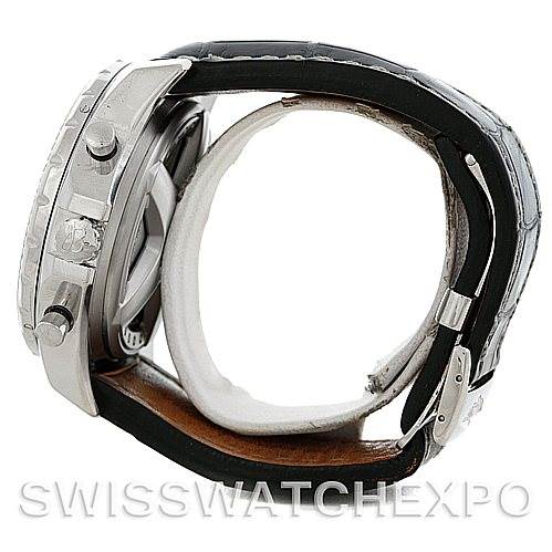 This Bentley model by Breitling is shown from a side angle, highlighting its case, crown, pushers, and leather strap.