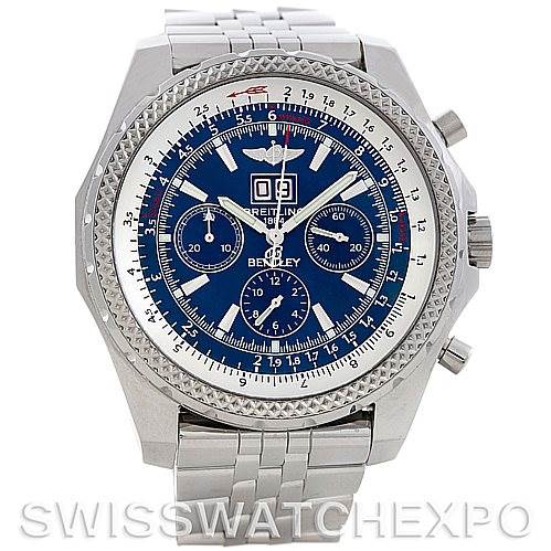 The Breitling Bentley A44362 Men's Stainless Steel Blue Dial A44362 Men's Stainless Steel Blue Dial watch is shown from the front, highlighting the face, bezel, and part of the metal bracelet.