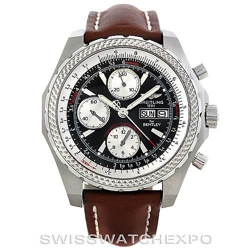 The Breitling Bentley A13363 Men's Stainless Steel Black Dial A13363 Men's Stainless Steel Black Dial watch is shown from the front, displaying its dial, bezel, crown, pushers, and leather strap.