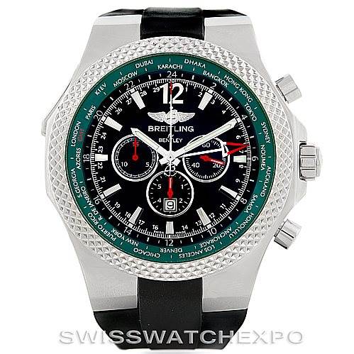 This image shows a Breitling Bentley A47362 Men's Stainless Steel Black Dial A47362 Men's Stainless Steel Black Dial watch from the front, highlighting the dial, bezel, and pushers.