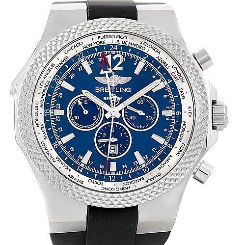 The image shows a front view of a Breitling Bentley A47362 Men
s Stainless Steel Blue Dial A47362 Men
s Stainless Steel Blue Dial model watch, highlighting its blue dial, subdials, bezel, and crown.