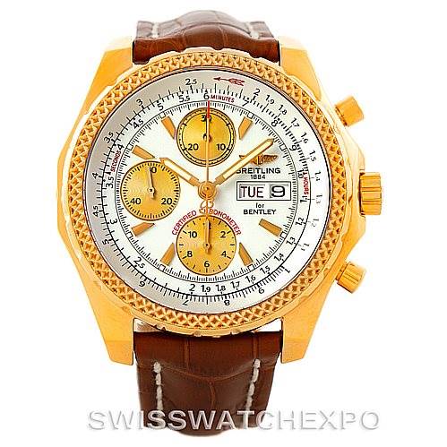 The image shows the front dial of a Breitling Bentley A13362 Men's Yellow Gold Silver Dial A13362 Men's Yellow Gold Silver Dial model watch, featuring a gold case, brown leather strap, and chronograph functions.