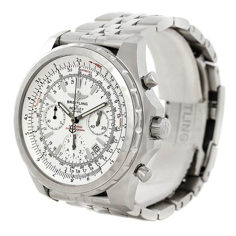 This Breitling Bentley A25363 Men's Stainless Steel Silver Dial A25363 Men's Stainless Steel Silver Dial model watch is shown from an angled front perspective, showcasing its dial, bezel, crown, and bracelet.