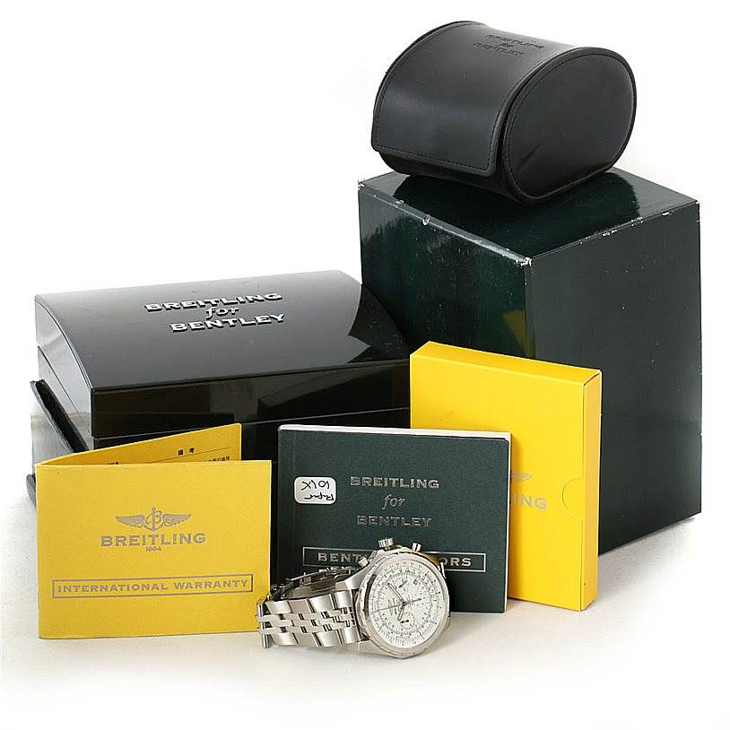 The image shows a Breitling Bentley A25363 Men's Stainless Steel Silver Dial A25363 Men's Stainless Steel Silver Dial watch with its accessories, including boxes, warranty card, and manuals.