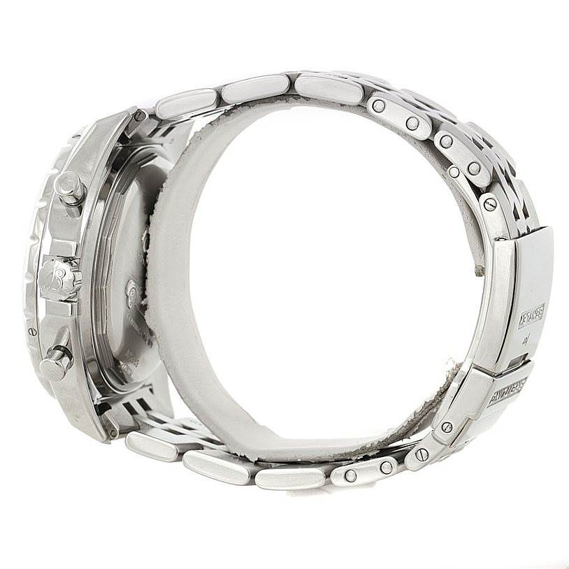 This Breitling Bentley A25363 Men's Stainless Steel Silver Dial A25363 Men's Stainless Steel Silver Dial model watch is shown from a side angle, highlighting the case, bracelet, and clasp.