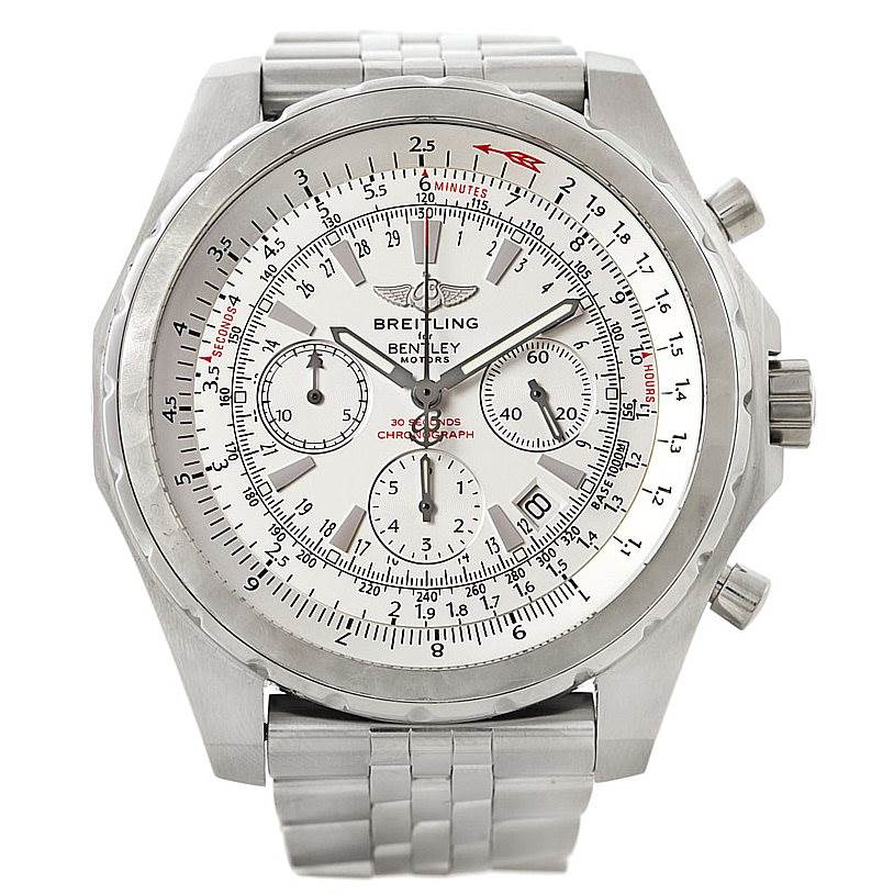 The image shows a front view of a Breitling Bentley A25363 Men's Stainless Steel Silver Dial A25363 Men's Stainless Steel Silver Dial Motors watch, displaying its dial, case, bezel, and part of the bracelet.