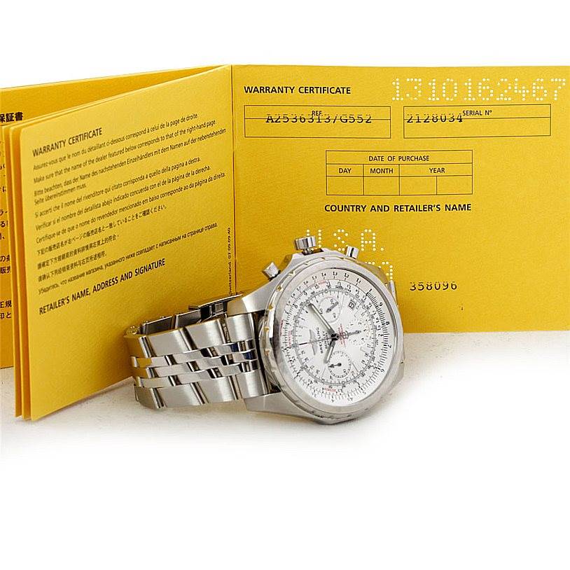 The image shows a Breitling Bentley A25363 Men's Stainless Steel Silver Dial A25363 Men's Stainless Steel Silver Dial watch from a side angle, alongside its stainless steel bracelet and warranty certificate.