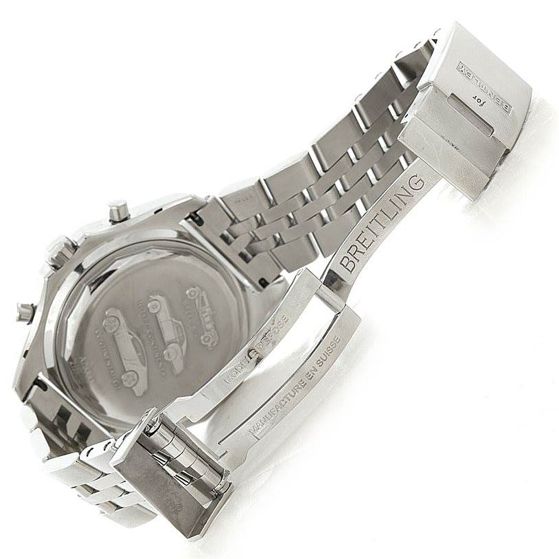 The image shows the back and clasp of a Breitling Bentley A25363 Men's Stainless Steel Silver Dial A25363 Men's Stainless Steel Silver Dial watch at an angled view.