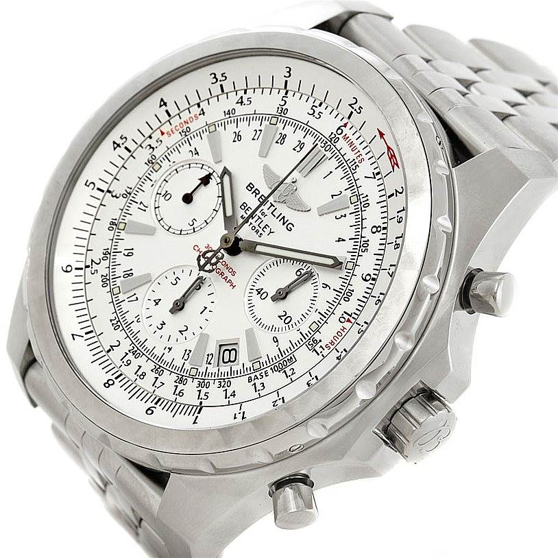 This image shows a close-up angle of the Bentley model by Breitling, focusing on the watch face, crown, pushers, and bracelet.