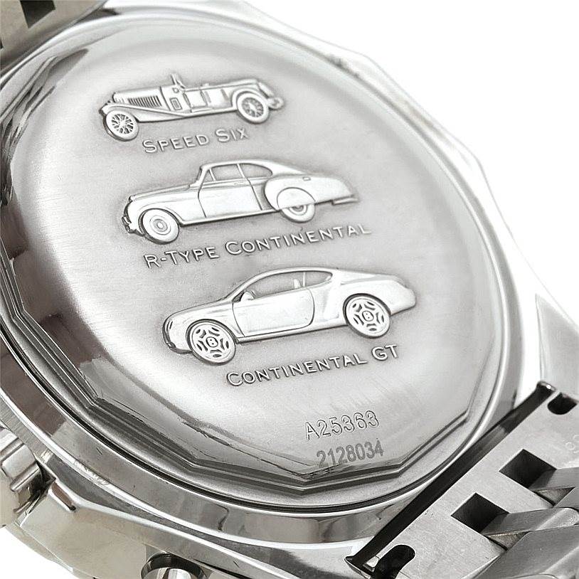 The image shows the back case of a Breitling Bentley A25363 Men's Stainless Steel Silver Dial A25363 Men's Stainless Steel Silver Dial watch featuring engravings of Bentley car models.
