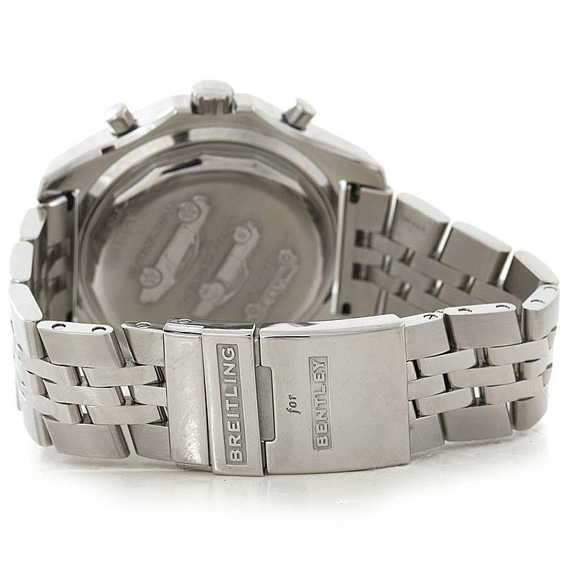 The image shows the back view of a Breitling Bentley A25363 Men's Stainless Steel Silver Dial A25363 Men's Stainless Steel Silver Dial watch, displaying its clasp and case back.