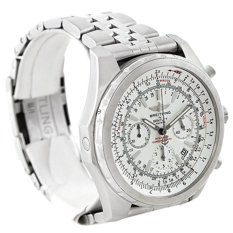 This image shows a Breitling Bentley A25363 Men's Stainless Steel Silver Dial A25363 Men's Stainless Steel Silver Dial model watch angled to display its face, crown, chronograph buttons, and part of its metal bracelet.