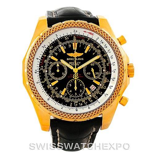 The Breitling Bentley K25362 Men's Yellow Gold Black Dial K25362 Men's Yellow Gold Black Dial watch is shown from a frontal angle, highlighting its black dial, gold case, chronograph subdials, and leather strap.