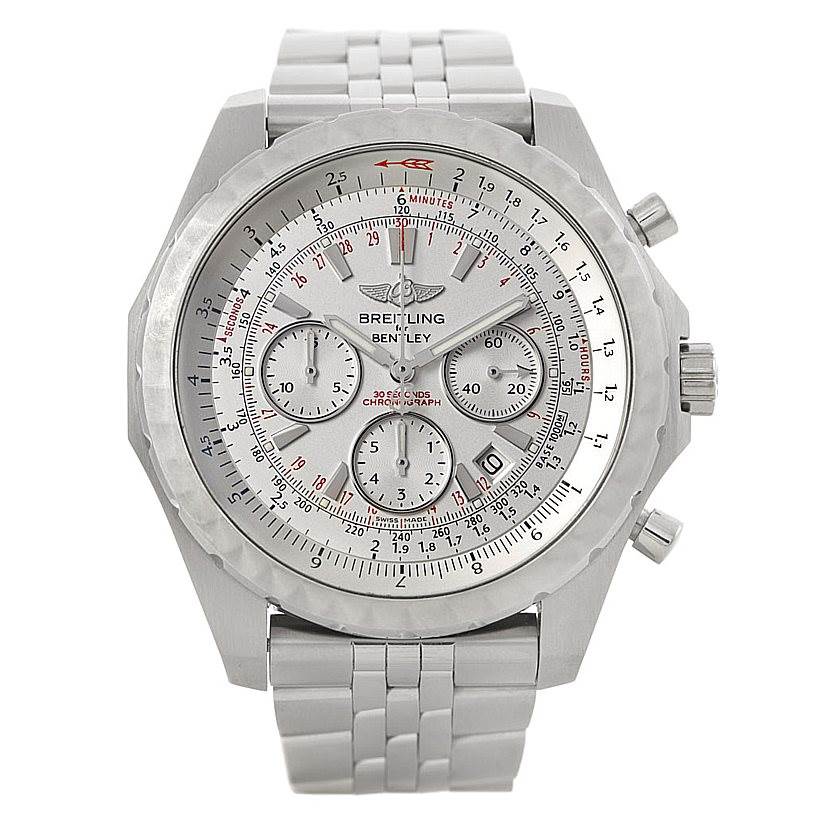 The Bentley model by Breitling is shown from a front angle, displaying the dial, bezel, and stainless steel bracelet.