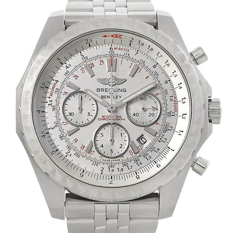 The image shows a frontal view of a Breitling Bentley A25365 Men's Stainless Steel Silver Dial A25365 Men's Stainless Steel Silver Dial watch featuring the dial, bezel, and bracelet.