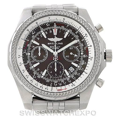The image shows a front view of the Breitling Bentley A25363 Men's Stainless Steel Grey Dial A25363 Men's Stainless Steel Grey Dial watch, highlighting its dial, bezel, crown, and pushers.