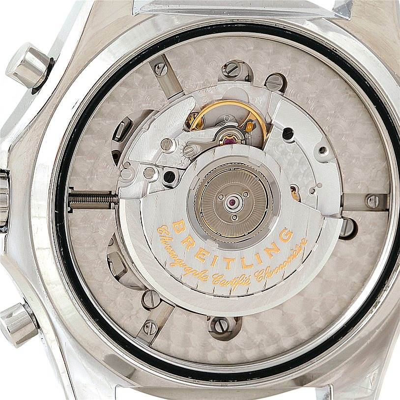 This image shows the back view of the Breitling Bentley A25363 Men's Stainless Steel Blue Dial A25363 Men's Stainless Steel Blue Dial watch, highlighting its intricate internal mechanism.