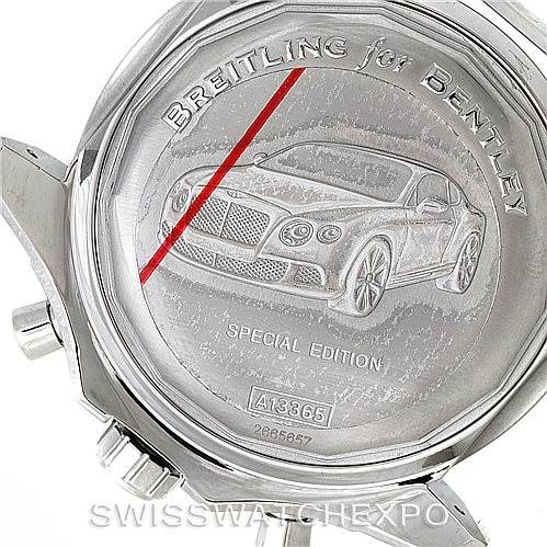 The image shows the case back of a Breitling for Bentley watch, highlighting a car engraving and model details.