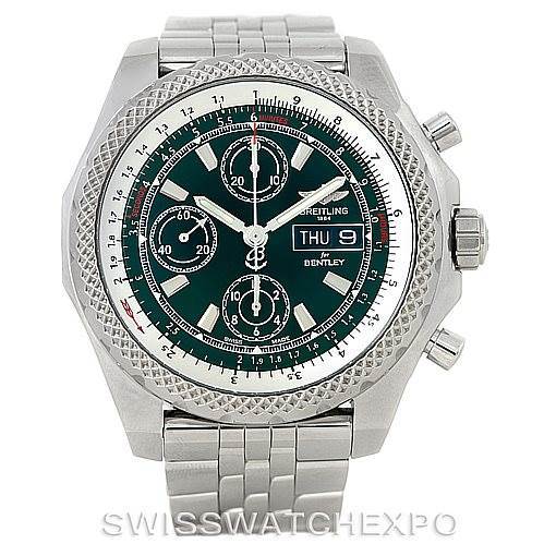 The image shows a front view of a Breitling Bentley A13355 Men's Stainless Steel Green Dial A13355 Men's Stainless Steel Green Dial watch, displaying its face, bezel, and metal bracelet.