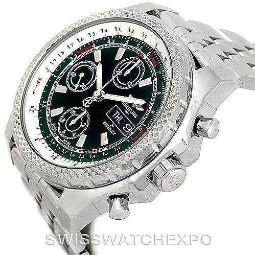 The image shows a rounded frontal angle of the Breitling Bentley A13355 Men's Stainless Steel Green Dial A13355 Men's Stainless Steel Green Dial model watch, displaying the face, bezel, and part of the bracelet.