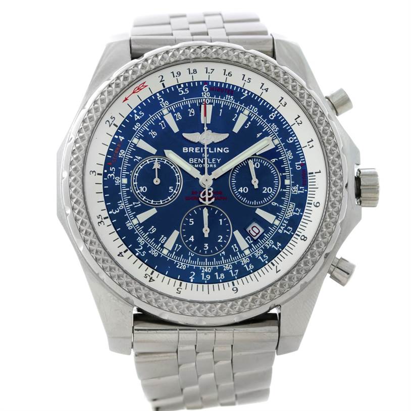 This image shows a front view of the Breitling Bentley A25362 Men's Stainless Steel Silver Dial A25362 Men's Stainless Steel Silver Dial watch displaying its face, chronograph dials, bezel, and bracelet.