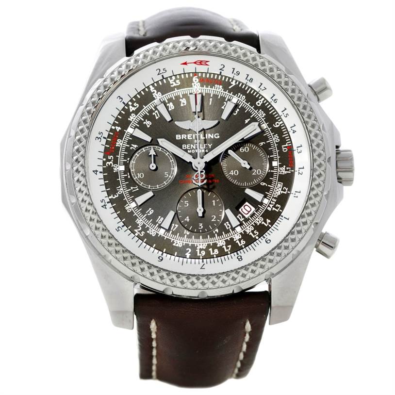 This image shows a frontal view of the Breitling Bentley A25362 Men's Stainless Steel Grey Dial A25362 Men's Stainless Steel Grey Dial watch, including the dial, bezel, pushers, crown, and leather strap.