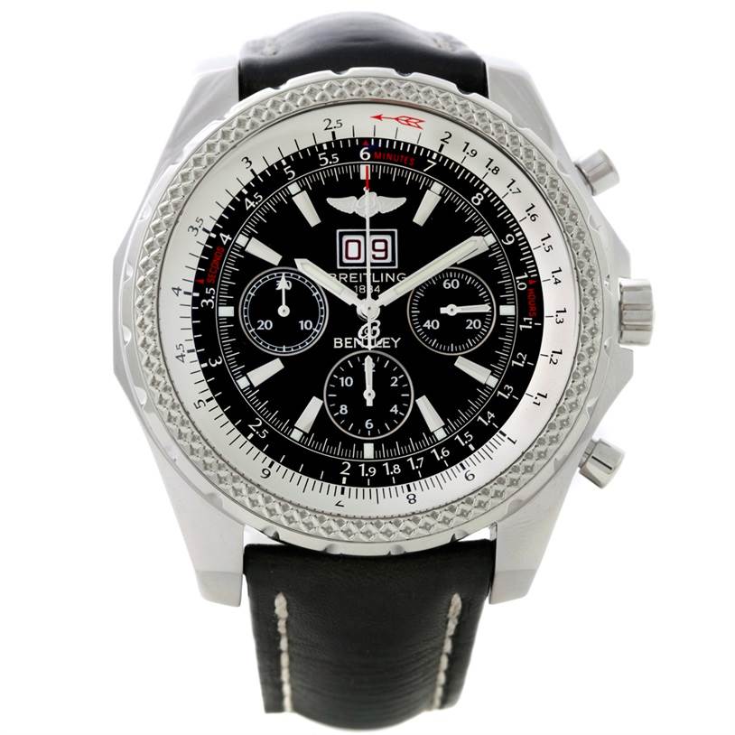 The image shows a front view of a Breitling Bentley A44362 Men's Stainless Steel Black Dial A44362 Men's Stainless Steel Black Dial watch, showcasing its face, bezel, and part of the strap.