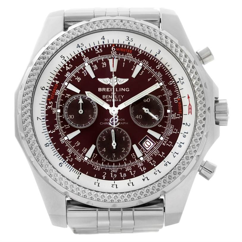 The Breitling Bentley A25362 Men's Stainless Steel Burgundy Dial A25362 Men's Stainless Steel Burgundy Dial watch is shown from the front, displaying its dial, subdials, bezel, and part of its bracelet.